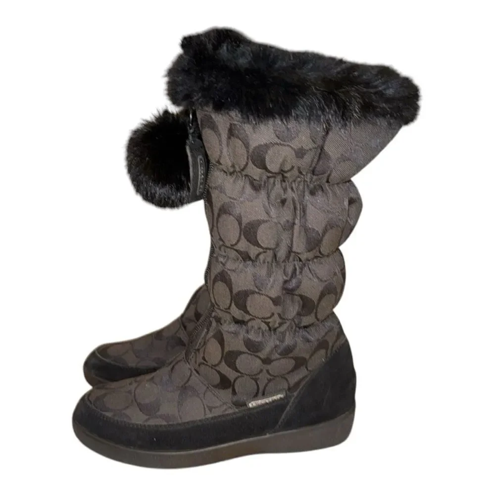 Coach Theona Jacquard Rabbit Fur Trim Zip Up Boots Size 5 1/2 B